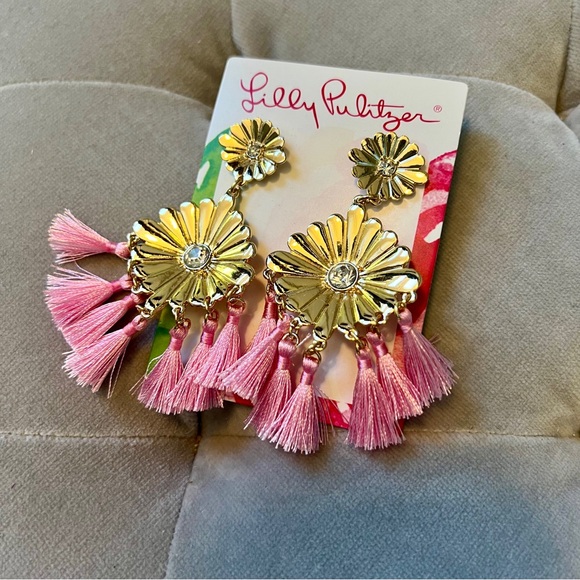 Lilly Pulitzer Mandevilla Statement Earrings with Pink Tassels, NWT - Picture 1 of 3